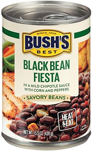 BUSH BEST Black Bean Fiesta Savory Beans ,Canned Beans, Black Beans Source of Plant Based Protein and Fiber Low Fat, Gluten Free, Great for Tacos Bean Soup Bean Dip, 15.5 Ounce Can (Pack of 12)