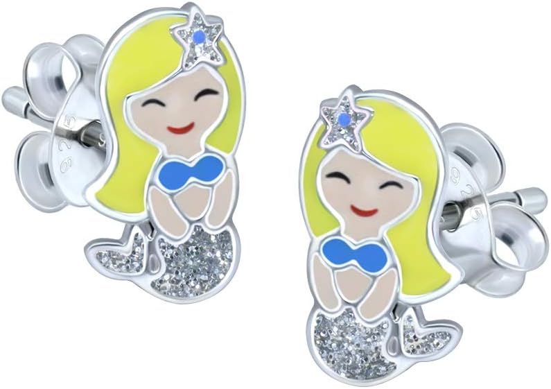 Mermaid Girl Earrings with Sparkly Silver Glitter - 925 Sterling Silver