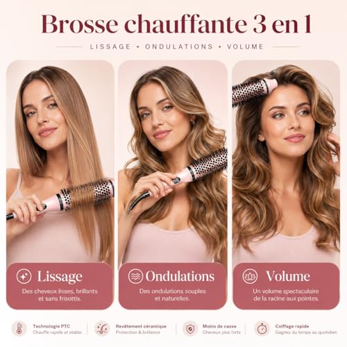 Brosse Soufflante Ronde 38mm 3 en 1, Volume & Boucles Naturelles, Technologie Ionique Anti-Frisottis, Double Tension Voyage, Effet Brushing Salon, Idée Cadeau Femme C257 23