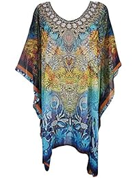 Womens Serena Caftan Short Dresses Rhinestone Flowy Resort Wear Swimsuit Coverup One Size