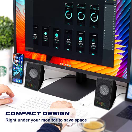 Computer Speakers, D7 Desktop Speakers USB Powered with Flashing LED Lights, 2.0 PC Speakers with 3.5mm Aux Audio Jack& Volume Control, Stereo Sound Gaming Computer Speakers for PC Laptop TV, Black