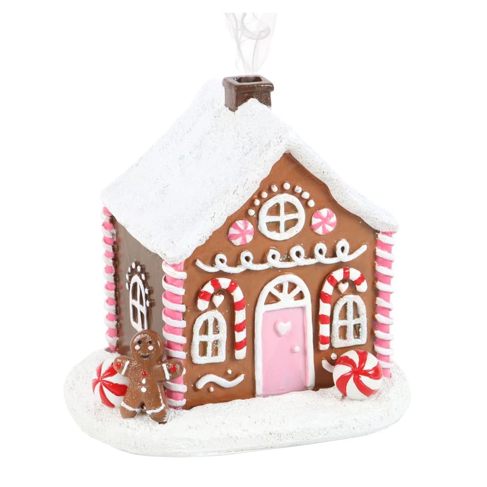 Pink Gingerbread House Incense Cone Burner - Festive Holiday Decor, Handcrafted Ceramic, Ideal for Aromatherapy, 6 Inch