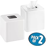 mDesign Square Paper Facial Tissue Box Cover Holder for Bathroom Vanity Countertops, Bedroom Dressers, Night Stands, Desks and Tables - Pack of 2, Steel, White