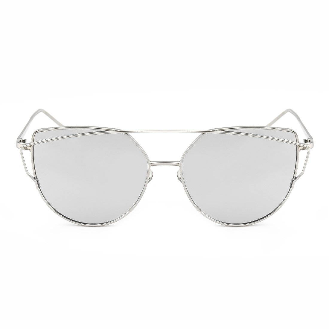 WISH CLUB Women Cat Eye Polarized Sunglasses Mirrored Reflective Flat Wide Lenses Metal Frame UV 400 Glasses (silver1)