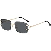 FLJMRAVER Retro Rimless Rectangle Sunglasses for Men Women Luxury Frameless Square Trendy Shade Diamond Cutting Eyewear