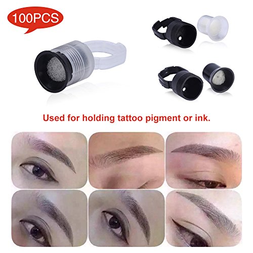 Tattoo Ink Ring, 100pcs Tattoo Ink Ring Pigment Ink Holder Container Cup with Sponge Eyebrow Tattoo Kits(Black Ring, White Cup)