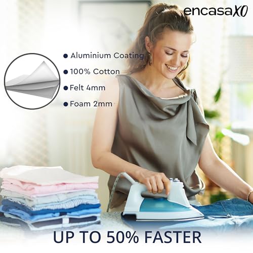 Encasa XO Ironing Board Covers and Pad135x45 cm - Metallised 'Silver Super Luxury' with Foam & Felt Pad, Fits X-Large Iron Boards - Heat Reflective, Scorch Resistant, Bungee Elasticated, 3 Fasteners