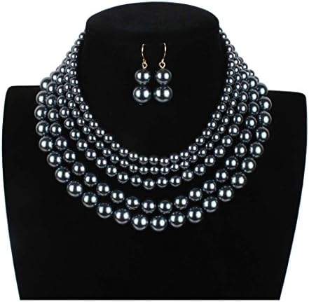 Lanue Women Elegant Jewelry Set Multi Strand 5 Layer Pearl Bead Cluster Collar Bib Choker Necklace and Earrings Suit