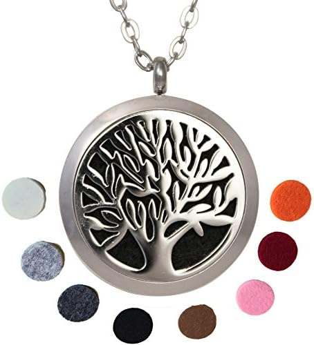Essential Oil Diffuser Necklace - Tree of Life Stainless Steel Aromatherapy Pendant with Replacement Refill Pads