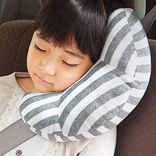 Kids Car Travel Pillow, Car Safety Seat Belt Cushion Strap Covers, Cute Cartoon Safety Seat Head Rest Neck Support Shoulder Pad, for Snooze Comfort in Car Children Baby Boys Girls (Grey stripe)