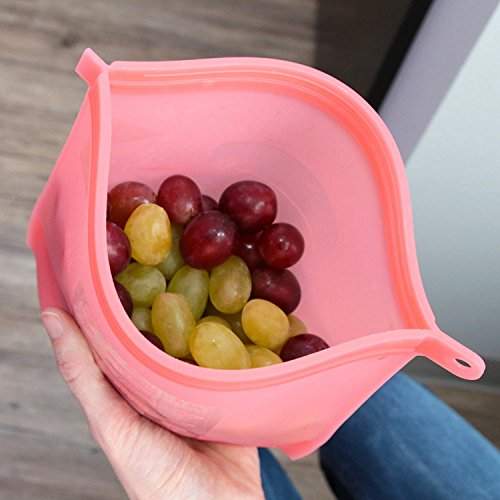 Kitchen Wonders4-PACK Reusable Silicone Food Bags| Stasher| Preservation of Fruit, Vegetables, Meats Etc. Storage Container| Airtight Seal Lunch & Snack Bags| Freeze & Heat Safe w/Dish Brush