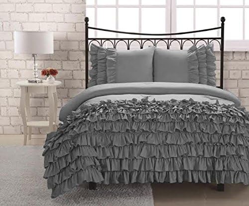 400 TC 3 PC Half Ruffle Duvet Set in Queen Solid Light Grey By Suburban Linens