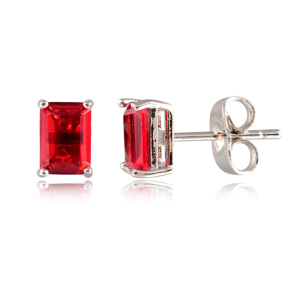 [RIZILIA CLASSIC] Stud Pierced Earrings with Emerald Cut Gemstones CZ [Red Ruby] in 18K White Gold Plated, Simple Modern Elegant