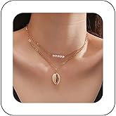 Andelaisi Boho Layered Shell Necklace Vintage Cowrie Shell Pendant Necklace Gold Pearl Shell Choker Necklace Adjustable Sea Shell Chain Necklace Jewelry for Women