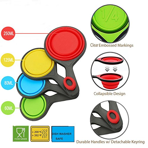 Himi Pet Food Scoops Silicone Collapsible Measuring Cups - Set of 4 - Great for Dog, Cat and Bird Food