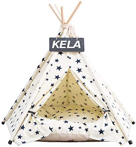 Luckyoiu Pet Teepee House Dog Cat Bed Tents Wood Canvas Fold Away Pet Tent Furniture