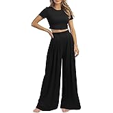 PEIARA Womens 2 Piece Lounge Sets Summer Short Sleeve Crop Top Two Piece Outfit Wide Leg Palazzo Pants Set Matching Tracksuit