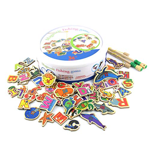 MEIGO Magnetic Fishing Game - Toddler Wooden Magnet Animals and Letters Educational Toys for Kids 2 3 4 5 Year Old Boys Girls (46pcs)