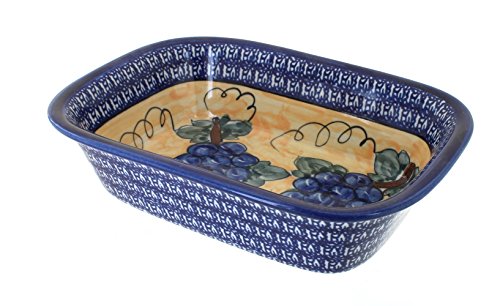 Click Here to See More Images Polish Pottery Grapes Loaf Baker with Cobalt Trim