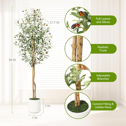 Garvee 150cm Artificial Olive Tree, Faux Plant with Natural Wood Trunks, 864 UV-Resistant Silk Leaves, White Ceramic Pot with Weighted Base, Farmhouse Floor Decor for Living Room, Entryway, Office