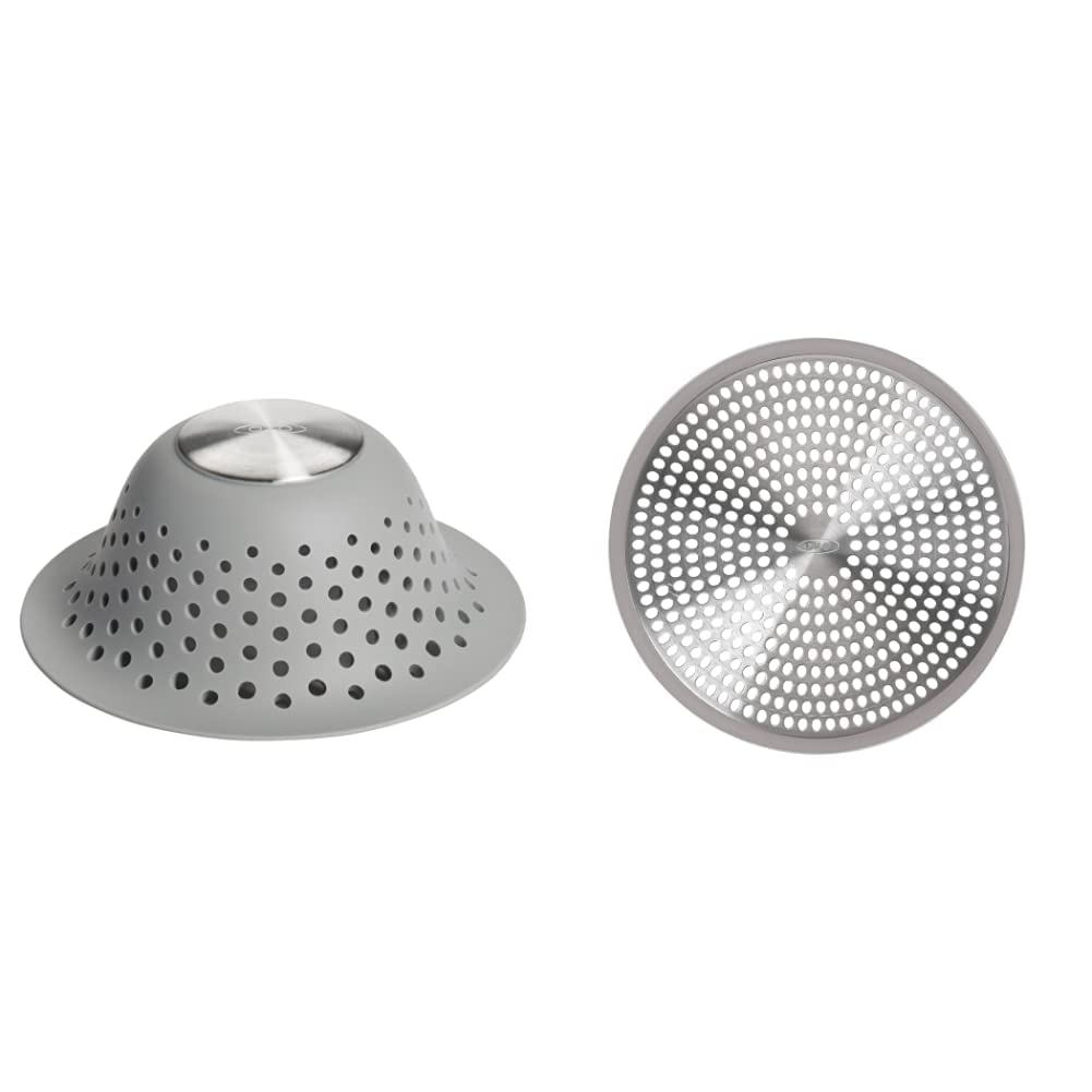 OXO Silicone Drain Protector, Grey, One Size & Good Grips Easy Clean Shower Stall Drain Protector - Stainless Steel & Silicone