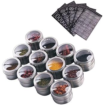 12 Magnetic Spice Tins- Stainless Steel Spice Storage Containers, Kitchen Spice Jars with Clear Lid with Sift & Pour, Rack Magnetic on Fridge, 120 Spice Labels