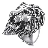 INBLUE Men's Stainless Steel Ring Band Silver Tone Black Stunning Lion Size11