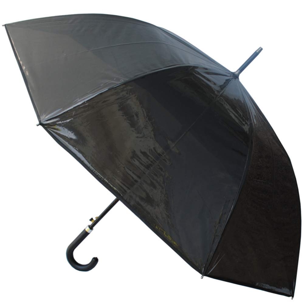 COLLAR AND CUFFS LONDON Rare Transparent Umbrella With Black Tint - 60MPH Large Strong Windproof Rainproof Designer Umbrella - StormDefender Fiberglass Frame - Auto Open - Leather Style Hook Handle