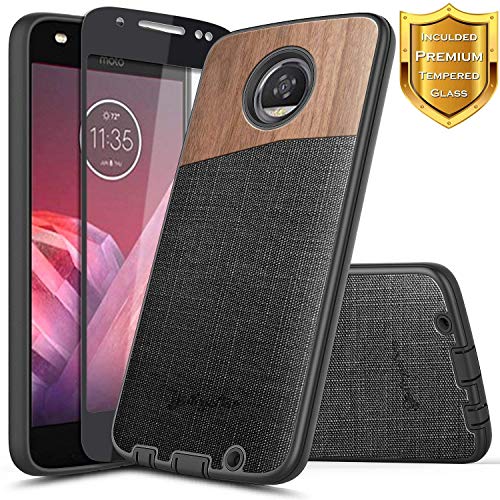 NageBee [Natural Wood] Case Compatible with Motorola Moto Z2 Play (2017) w/[Full Cover Tempered Glass Screen Protector] [Heavy Duty] Premium Canvas Fabrics Armor Shock Proof Hybrid Case -Wood