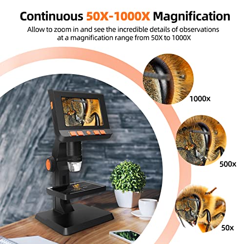 Digital Coin Microscope 4.3 inch Screen Handheld Microscope 1080p LCD Digital Microscope Video Camera 1000X Coin Magnifier with 8 Adjustable LED Lights for PCB Soldering for Adults/Kids Outside Use.