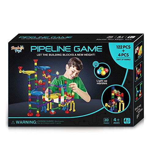 Marble Run Track Toy 126Pcs Marble Maze STEM Learning Toy, Educational Construction Building Blocks Toy Light Up Marbles Gift 4 5 6 + Kids Year Old Boys Girls (126pcs w/Light up Marbles)