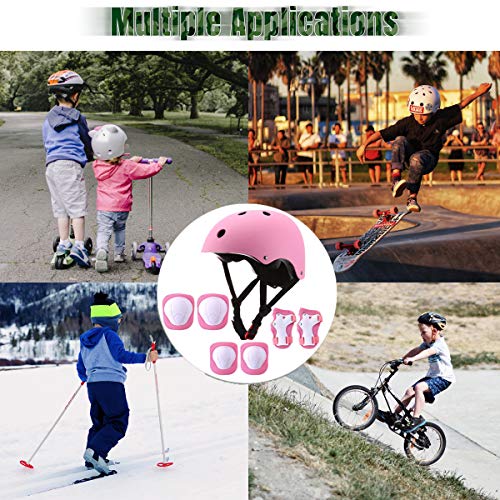 Adjustable Kids Skateboard Helmet,Bike Helmet Knee Elbow Pads Wrist Pads 7 in 1 Protective Sports Gear Set Suitable for Ages 3-8 Years Roller Skating Scooter Cycling Toddler Boys Girls (Pink)