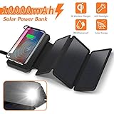 Solar Charger 10000mAh, 4.5W Qi Wireless Charger Portable Power Bank External Battery Back with 3 Solar Panels, Flashlight, Dual 5V/2.1A USB Port, IP65 Rainproof for Camping Hiking Fishing (Black)