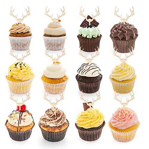 Antler Cupcake Toppers Wooden Deer Cake Picks Decorations Baby Shower