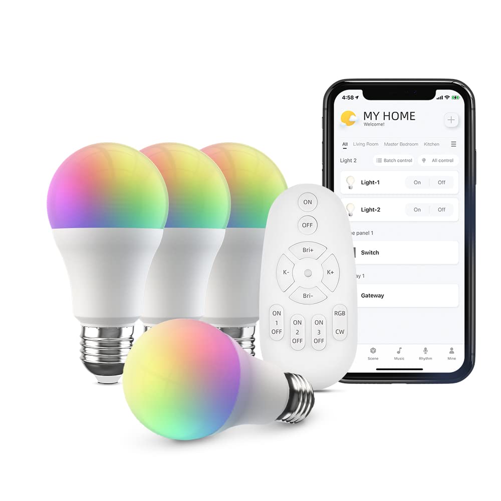 Broadlink FastCon Lighting Control Kit - Includes 4 Bulbs, 1 Lighting Remote Control, Color Changing with Music Sync, A60/E27/9W/800LM, Works with Alexa and Google Home
