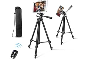 AUREDAY Phone Tripod, 50” Extendable Adjustable Smartphone & Tablet Tripod Stand with Phone Holder Mount & Remote, Compatible with Tablet/Cell Phone/Camera