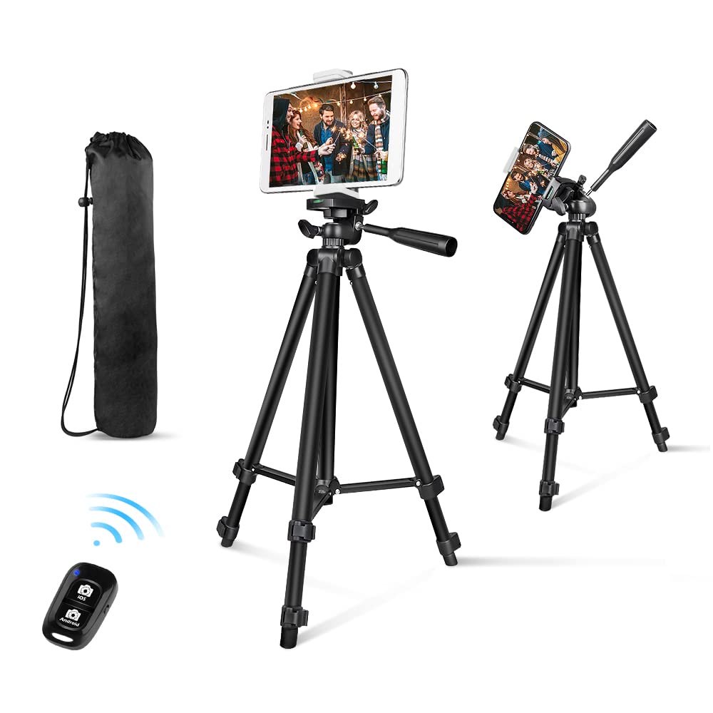 Phone Tripod, 50” Extendable Adjustable Smartphone & Tablet Tripod Stand with Mount & Remote, Compatible with Tablet/Cell Phone/Camera (Black)