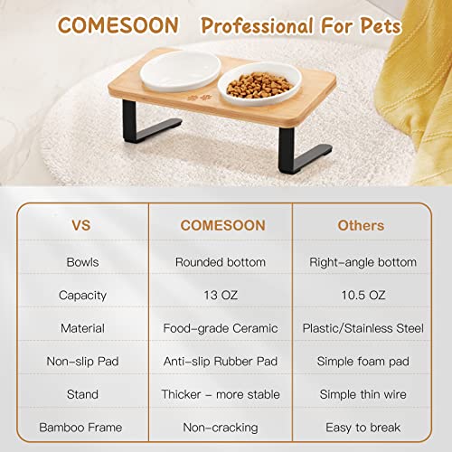 Ceramic Elevated Cat Bowls, 15° Tilted Raised Cat Food Bowls for Food and Water, Indoor Cat Dishes with Bamboo Stand Anti Vomiting for Cats and Puppy, Pet Bowl Set with Anti Slip Feet, Dishwasher Safe