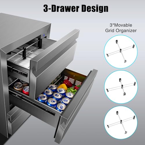 Velieta 24 Inch Upgraded Three-Drawer Beverage Fridge, Weather Proof Outdoor Stainless Steel Beverage Refrigerator, Under Counter Built-in Beverage Cooler for Home & Commercial Use