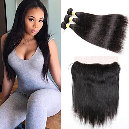 YePei Brazilian Straight hair 3 bundles With Free Part 13x4 Frontal Closure Natural Color 100% Unprocessed Human Hair Weave Weft with Ear to Ear Lace Frontal Closure(12 14 16 with 12 Frontal)