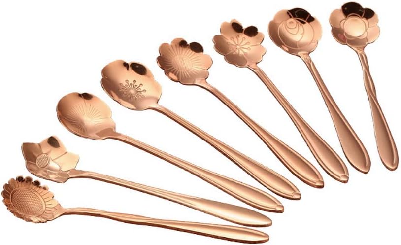 8Pcs Stainless Steel Flower Ice Cream Spoons,Colorful Spoon Flatware Set Multi Color Silverware Tableware Dinnerware for Home Kitchen