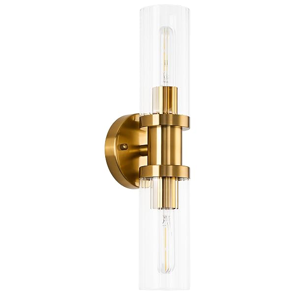 JONSI 2-LIGHT GOLD WALL SCONCE, BRUSHED GOLD BATHROOM VANITY LIGHT FIXTURE WITH GLASS SHADE, 18.2 INCH UP AND DOWN WALL MOUNT LAMP FOR MIRROR HALLWAY KITCHEN LIVING ROOM