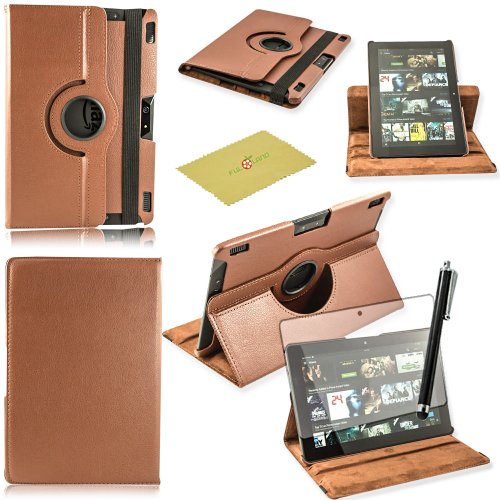 Fulland Colorful 360 Rotating Flip Leather Case Cover for Amazon Kindle Fire HDX 8.9 (2013 Version) with Smart Auto Wake/Sleep Function plus Stylus Touch Screen Pen and Screen Protector -Brown