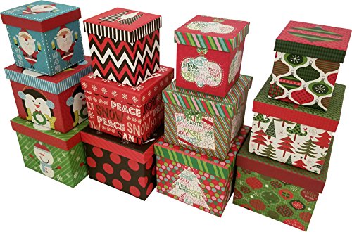 Christmas boxes, 16 count nested, assorted large set with many sizes and prints, fits in one box