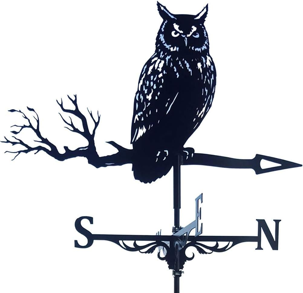 Weathervanes - Boxwizard Stainless Steel Owl Weathervane, 50X35CM Retro Farm Scene Garden Stake Weather Vane Professional Wind Direction Indicators, Resistant and Durable