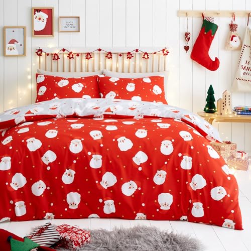 Fusion Red Christmas Santa Duvet Cover Set – King Size (230 x 220cm) – Reversible 2 Colour Design – Easy Care – 2 Pillowcases – Father Christmas Festive Bedding