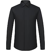Audmroton Men's Solid Color Long Sleeve French Cuff Dress Shirts, Hidden Button Front, Includes Blue Gemstone Cufflinks