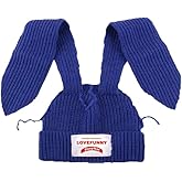 Color Block Knit Beanie Hats Cute Bunny Long Ears Grunge Hat Fluffy Winter Cap Warm Knit Rabbit Crochet Hat