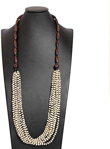 Classy Wooden Beads Necklace Thai Handmade Costume Jewelry Opera Style in White