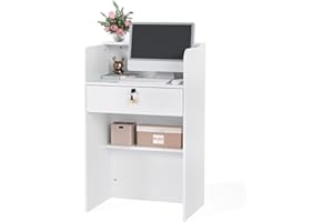 OmySalon Reception Desk with Counter, Small Front Desk w/Lockable Drawer, Wooden Modern Reception Table for Salon Lobby Office Home (White, 24)